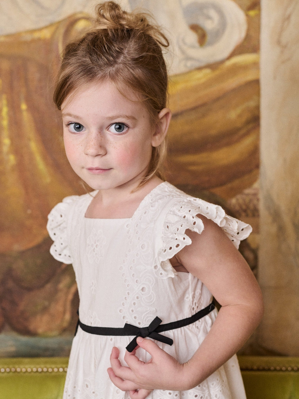 Classic Cotton Dress with Broderie Anglaise & Black Ribbon Bow Girls
