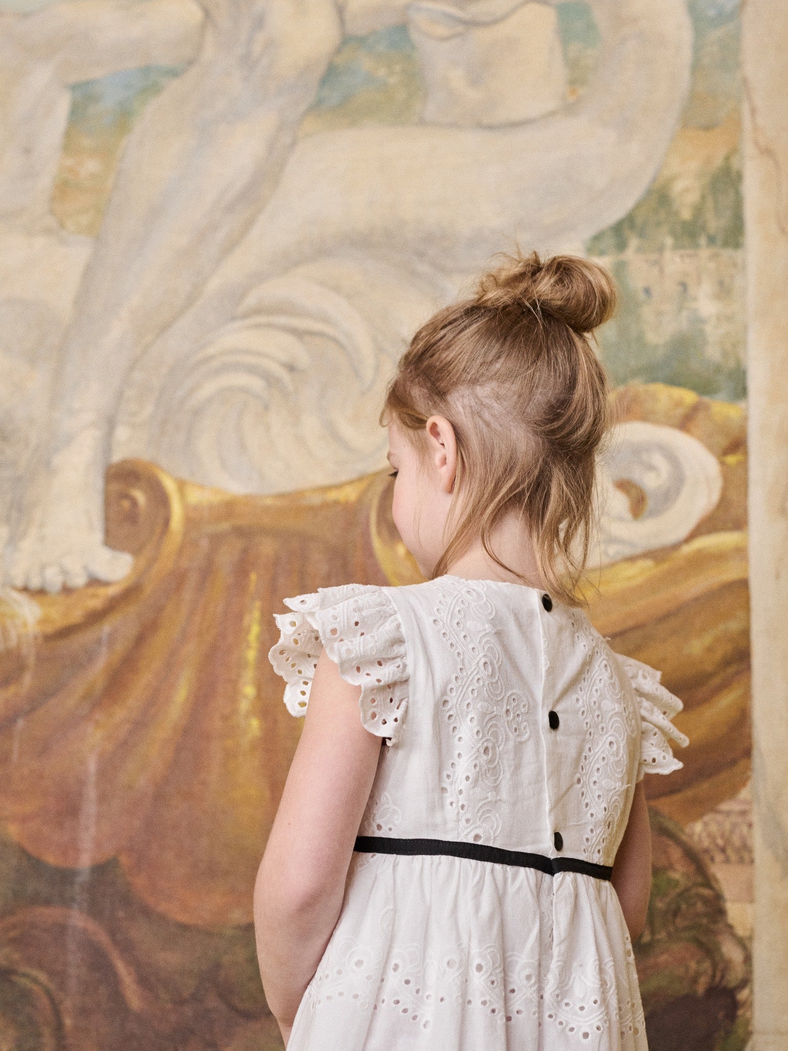Classic Cotton Dress with Broderie Anglaise & Black Ribbon Bow Girls