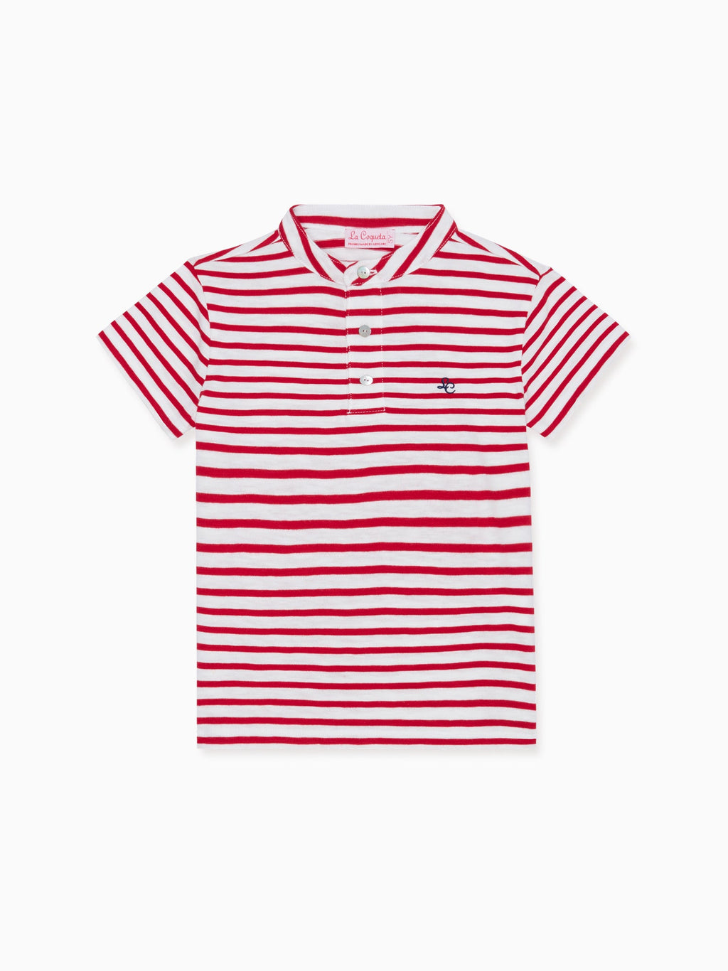 Classic Cotton Polo Shirt with Red Stripe & Stand Collar Boys