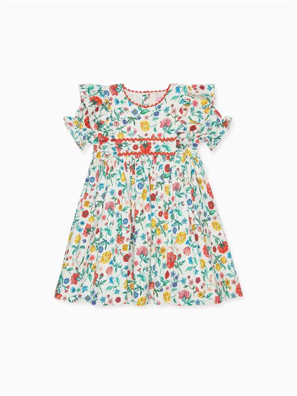Classic Poplin Dress with Botanical Floral Print & Butterfly Frills Girls