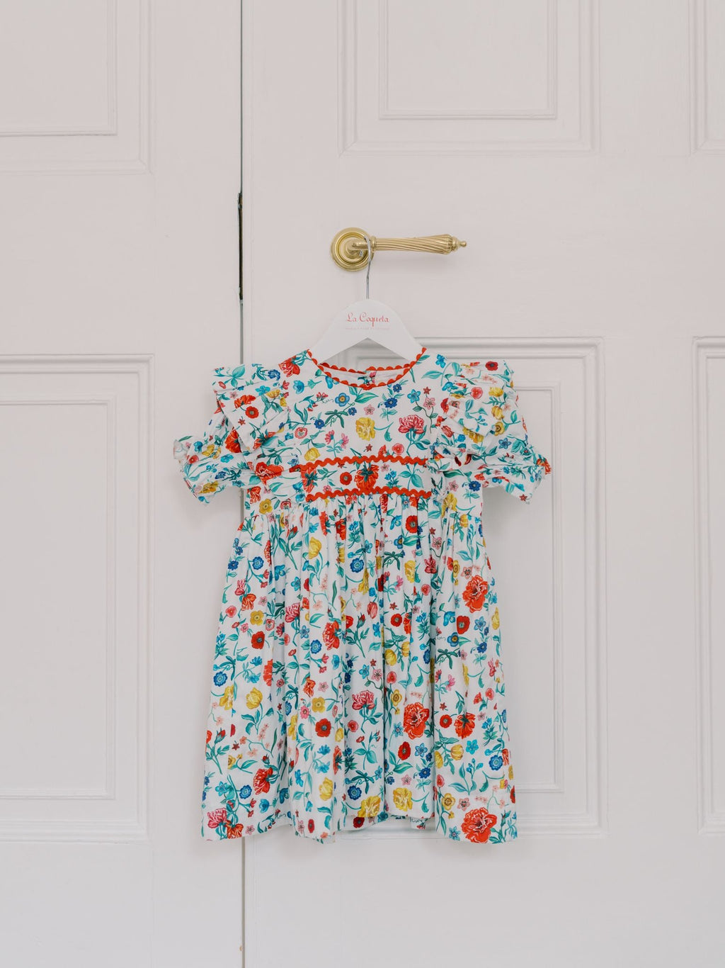 Classic Poplin Dress with Botanical Floral Print & Butterfly Frills Girls