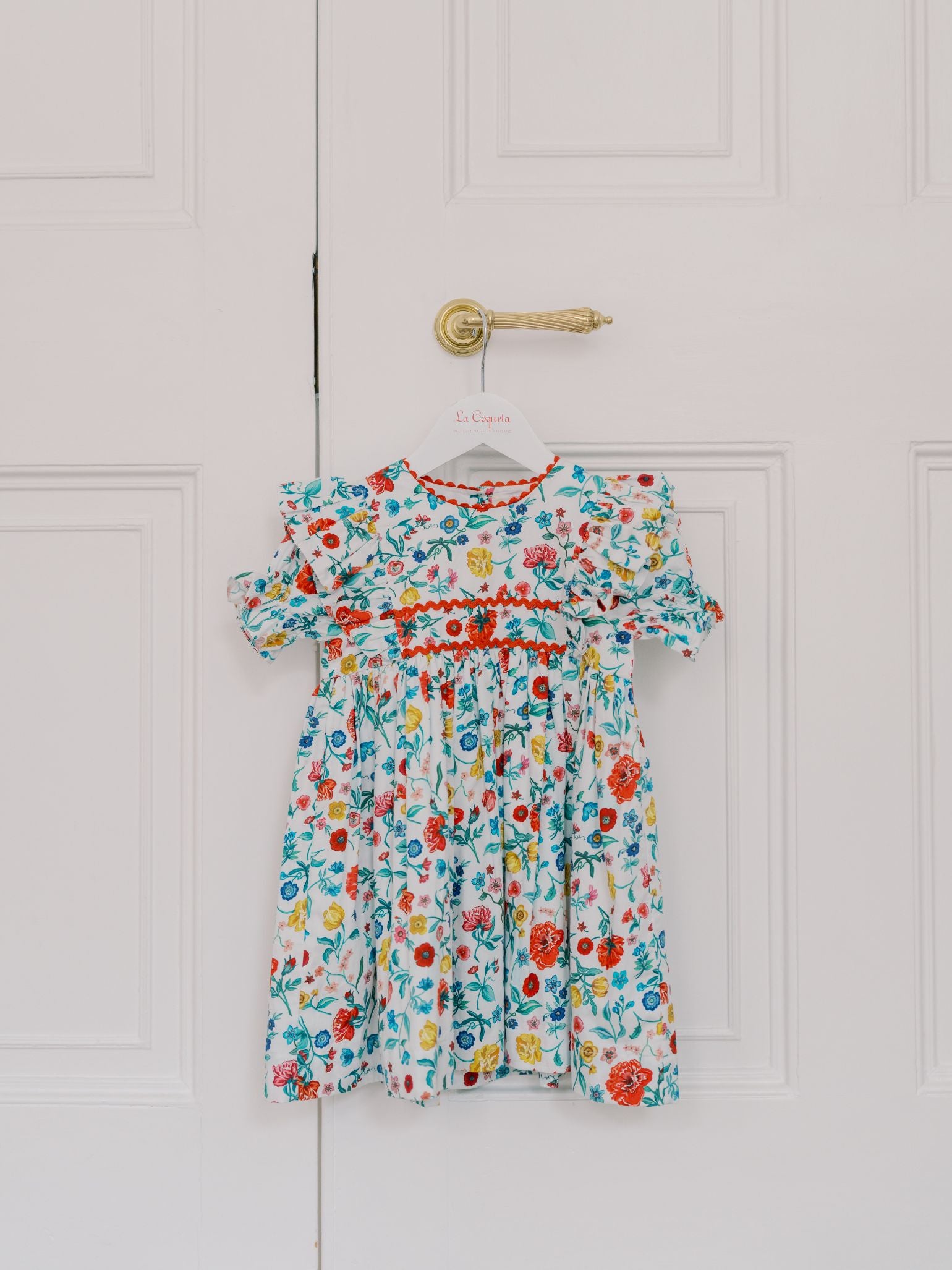 Classic Poplin Dress with Botanical Floral Print & Butterfly Frills Girls