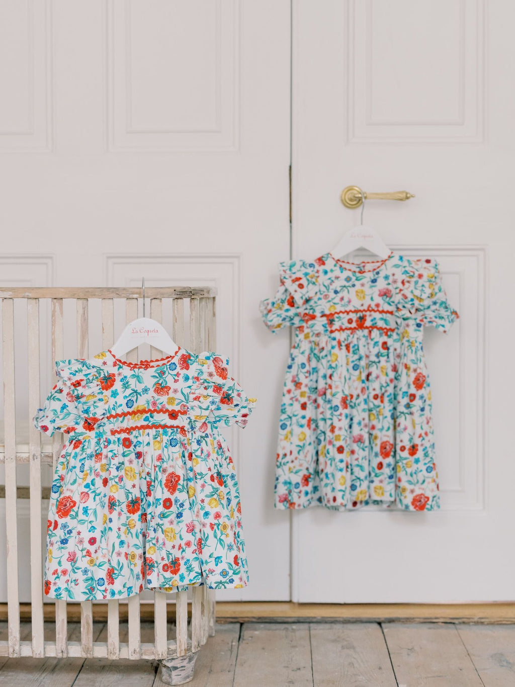 Classic Poplin Dress with Botanical Floral Print & Butterfly Frills Girls