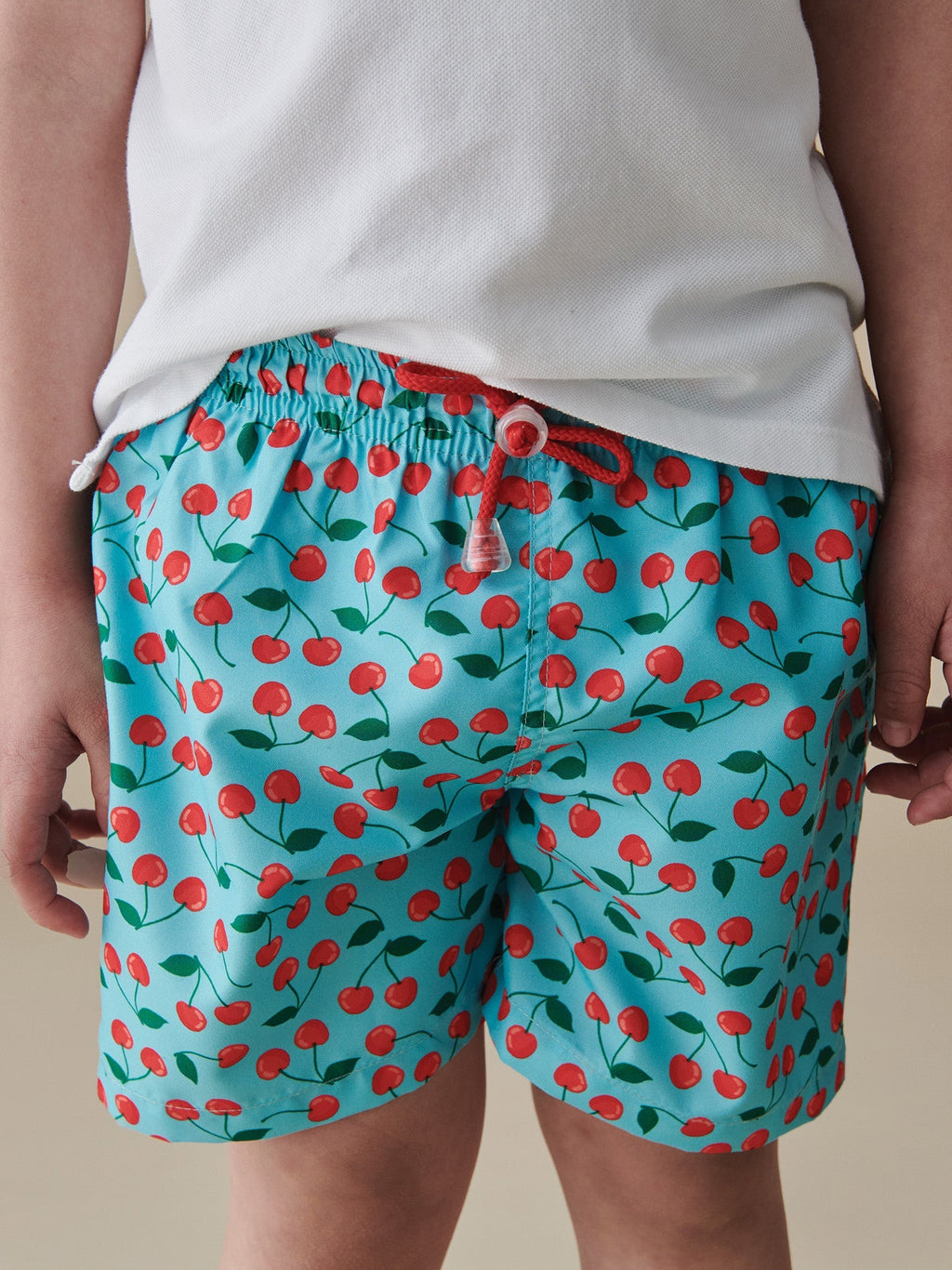 Printed Polyester Swim Shorts with Cherry Print & Elasticated Waist Boys