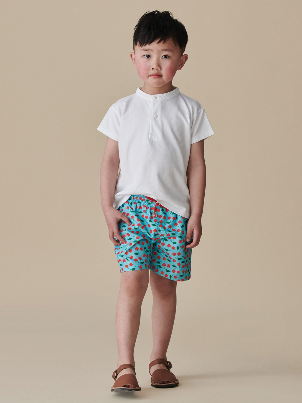 Printed Polyester Swim Shorts with Cherry Print & Elasticated Waist Boys