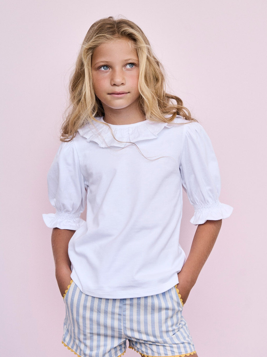 Classic Cotton Top with Puff Sleeves & Frill Collar Girls