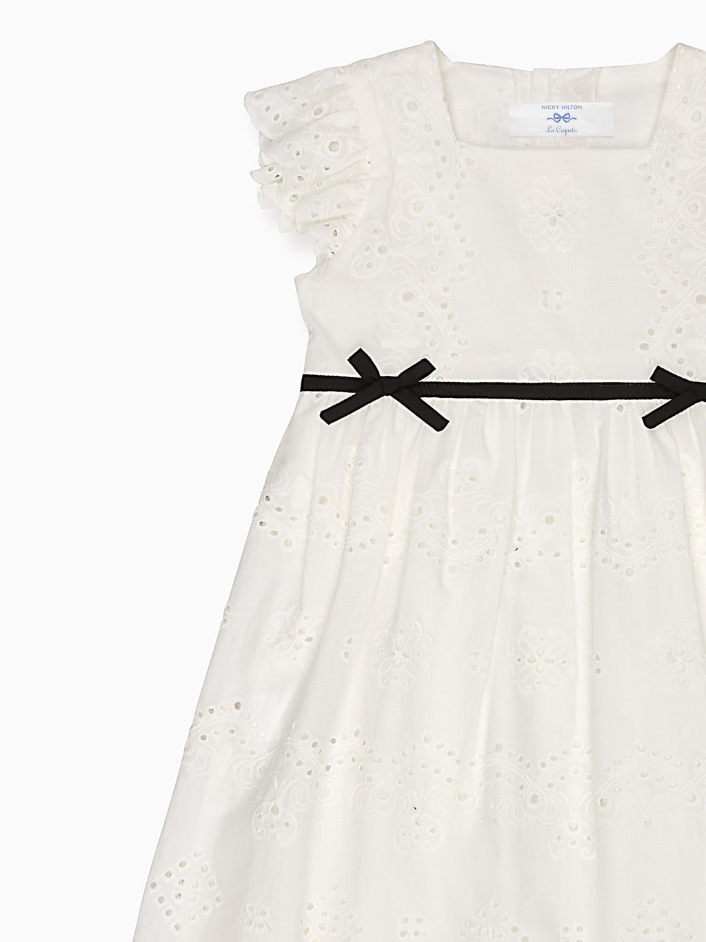 Classic Cotton Dress with Broderie Anglaise & Black Ribbon Bow Girls