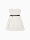 Classic Cotton Dress with Broderie Anglaise & Black Ribbon Bow Girls