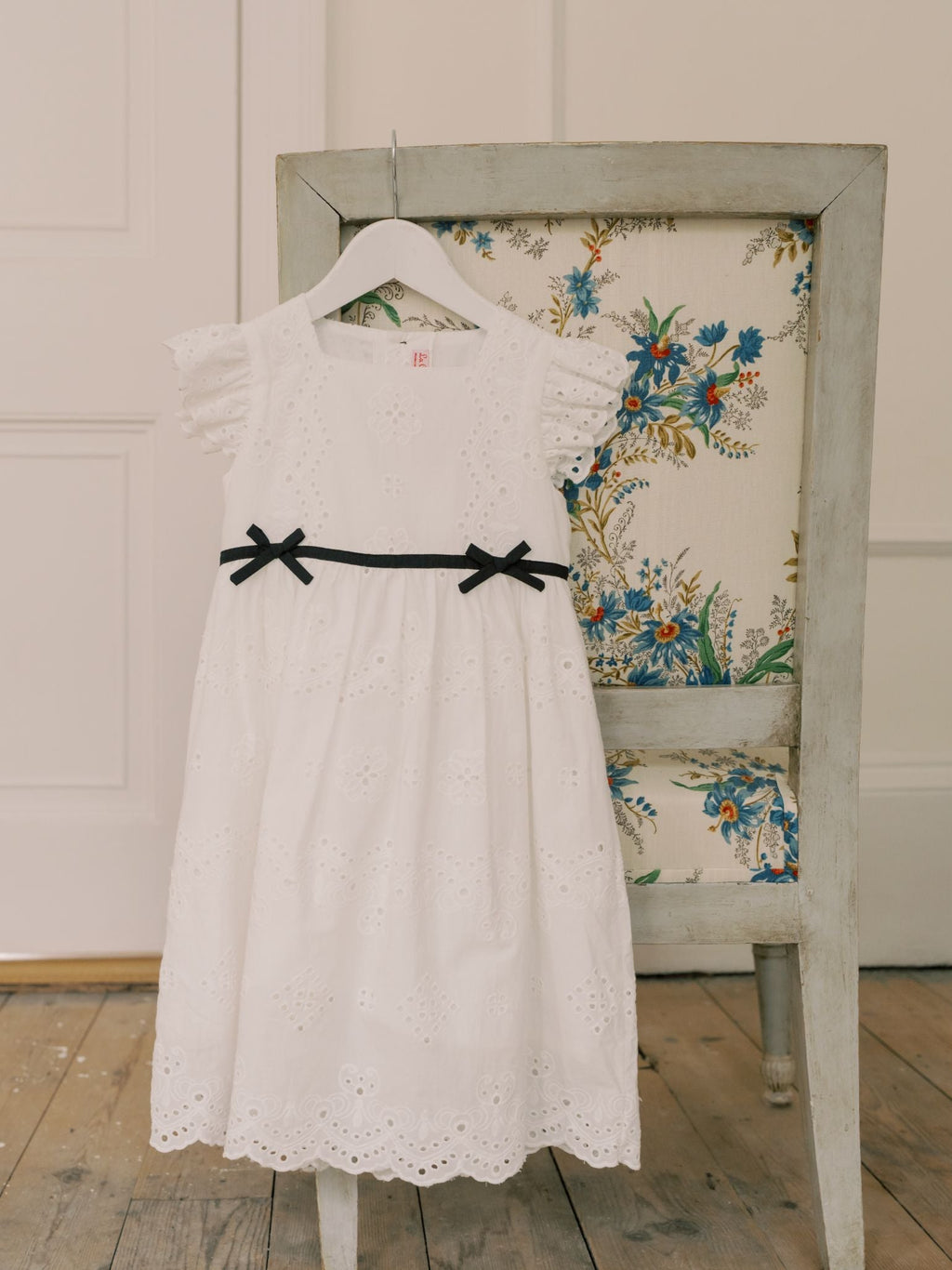 Classic Cotton Dress with Broderie Anglaise & Black Ribbon Bow Girls