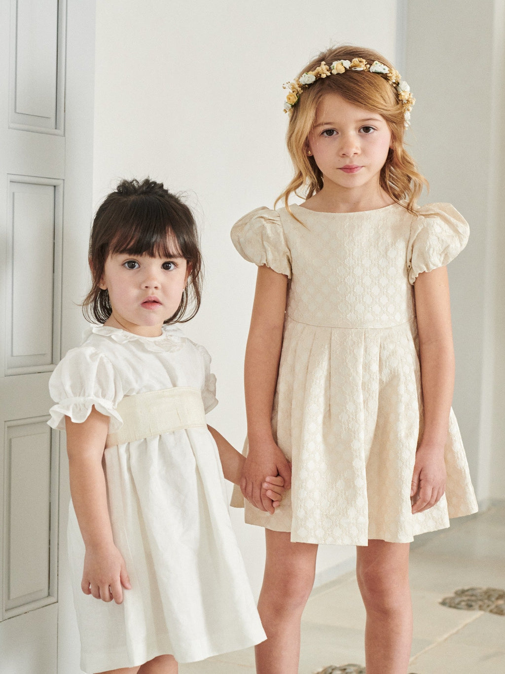 Luxury Metallic-Woven Dress with Puff Sleeves & Fit-and-Flare Silhouette Girls