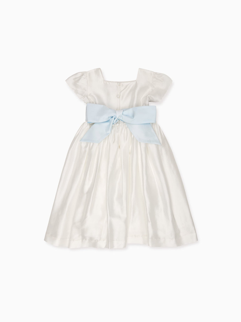 Luxury Raw Silk Dress with Butterfly Sleeves & Blue Sash Bow Girls