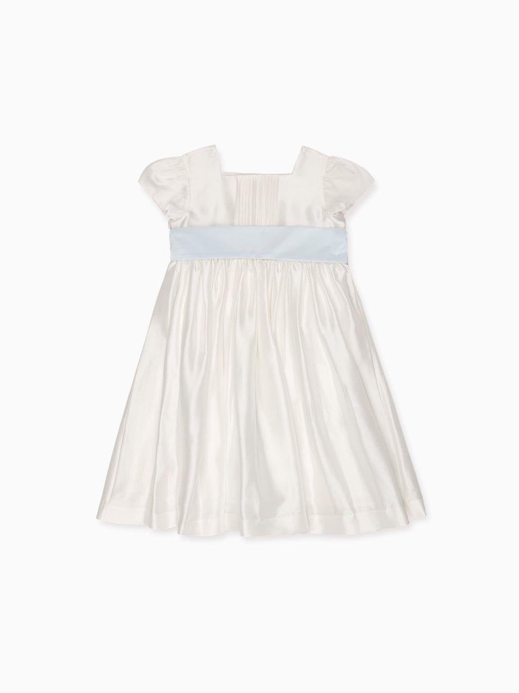 Luxury Raw Silk Dress with Butterfly Sleeves & Blue Sash Bow Girls