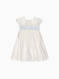 Luxury Raw Silk Dress with Butterfly Sleeves & Blue Sash Bow Girls