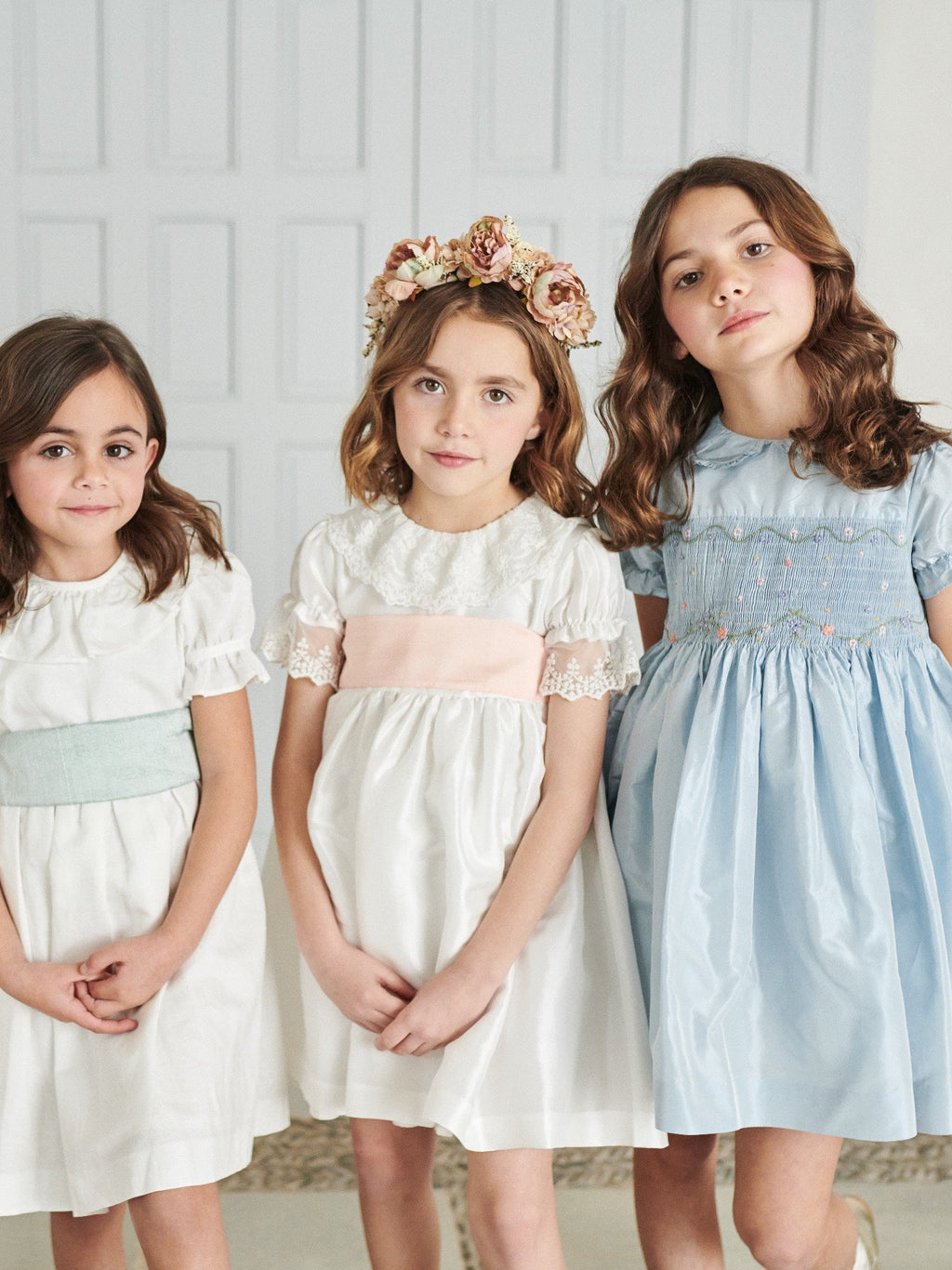Luxury Raw Silk Dress with French Lace Sleeves & Blush Sash Bow Girls