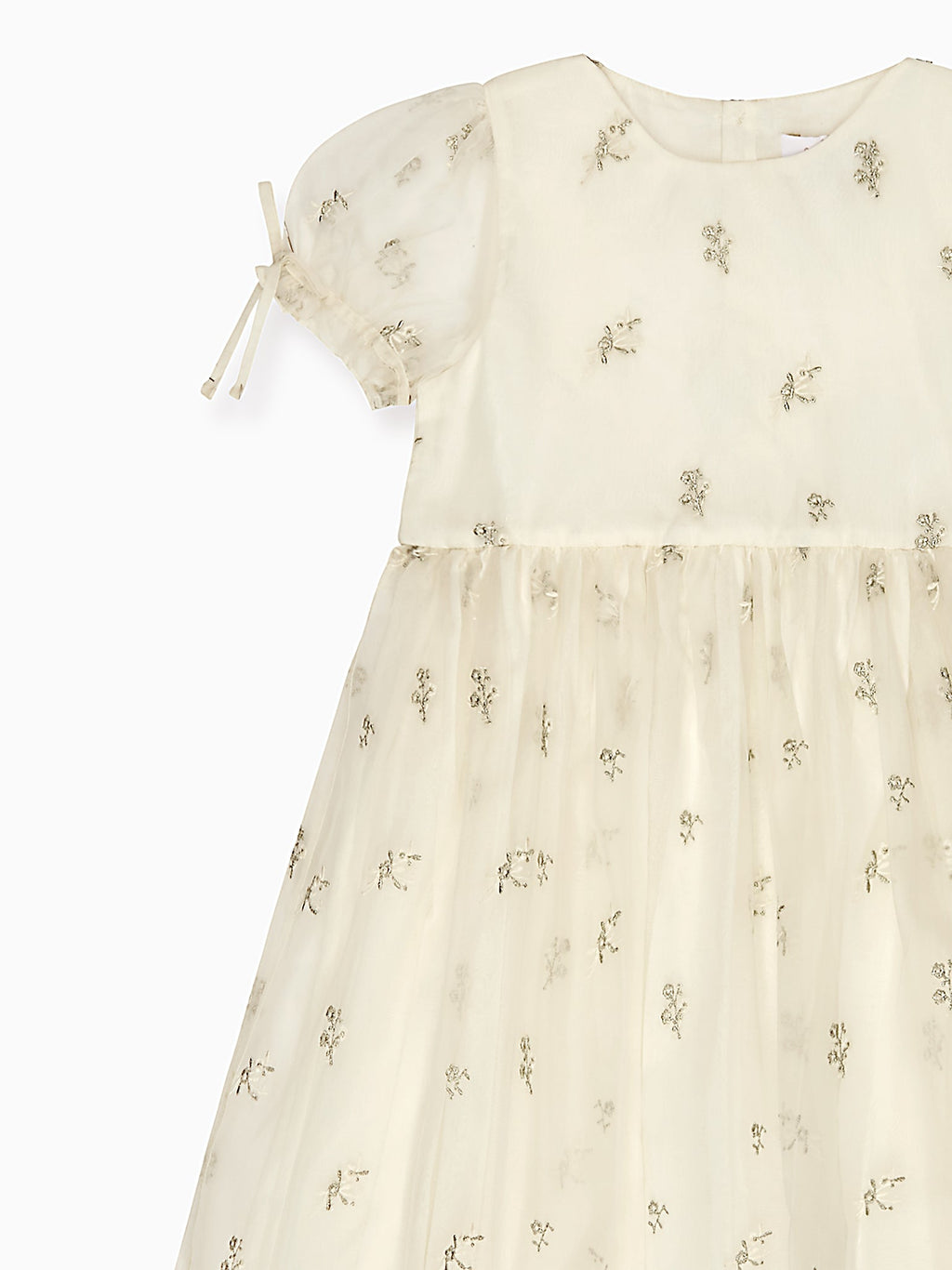 Shimmer Organza Dress with Floral Embroidery & Bow Puff Sleeves Girls