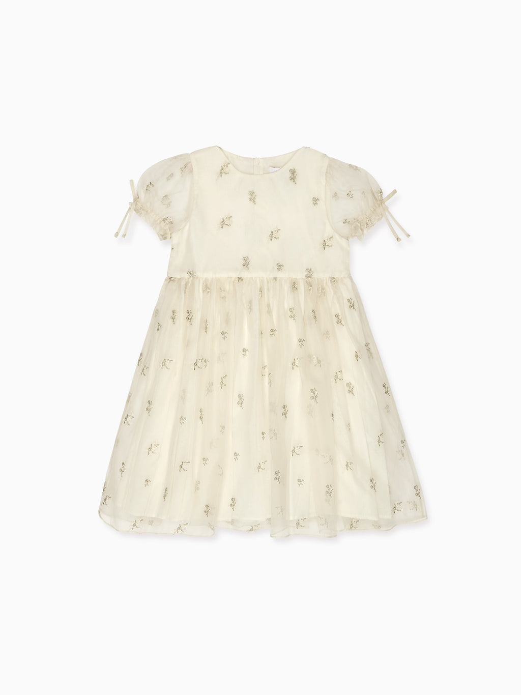 Shimmer Organza Dress with Floral Embroidery & Bow Puff Sleeves Girls