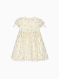 Shimmer Organza Dress with Floral Embroidery & Bow Puff Sleeves Girls