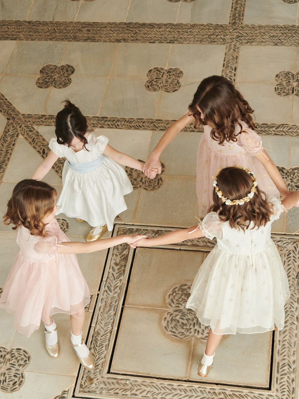 Shimmer Organza Dress with Floral Embroidery & Bow Puff Sleeves Girls