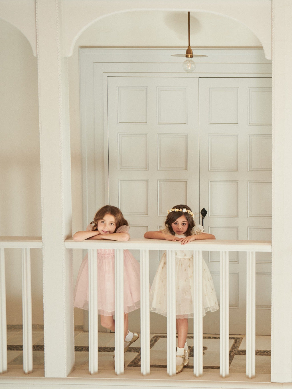Shimmer Organza Dress with Floral Embroidery & Bow Puff Sleeves Girls
