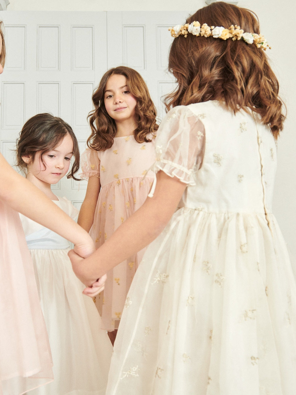 Shimmer Organza Dress with Floral Embroidery & Bow Puff Sleeves Girls