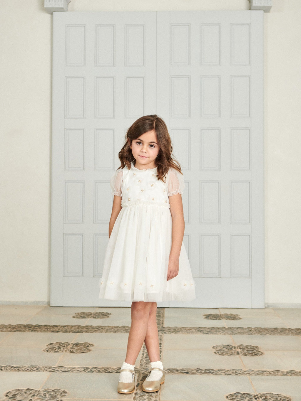 Shimmer Organza Dress with Puff Sleeves & Metallic Embroidery Girls