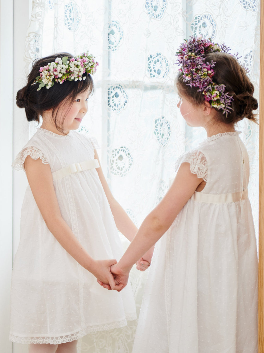 Embroidered Cotton Dress with Lace Trim & Butterfly Sleeves Girls