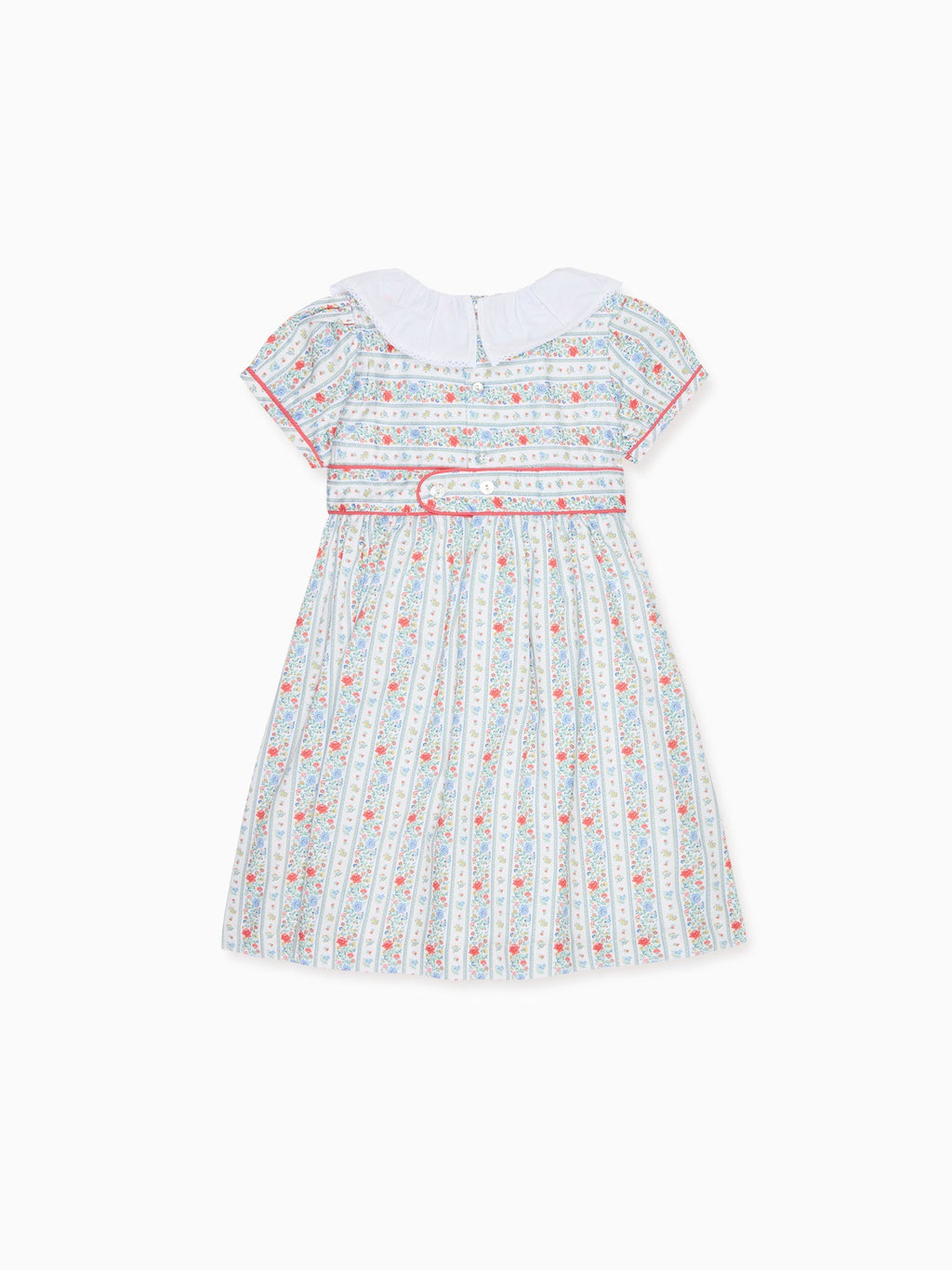 Classic Cotton Dress with Botanical Stripe Print & Lace Collar Girls