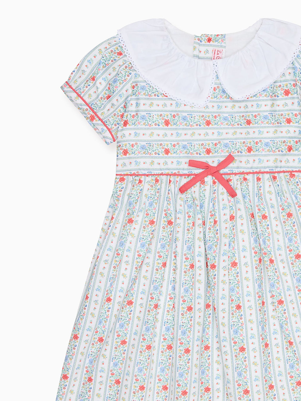 Classic Cotton Dress with Botanical Stripe Print & Lace Collar Girls