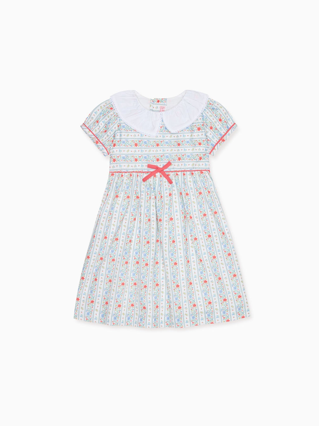 Classic Cotton Dress with Botanical Stripe Print & Lace Collar Girls
