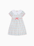 Classic Cotton Dress with Botanical Stripe Print & Lace Collar Girls