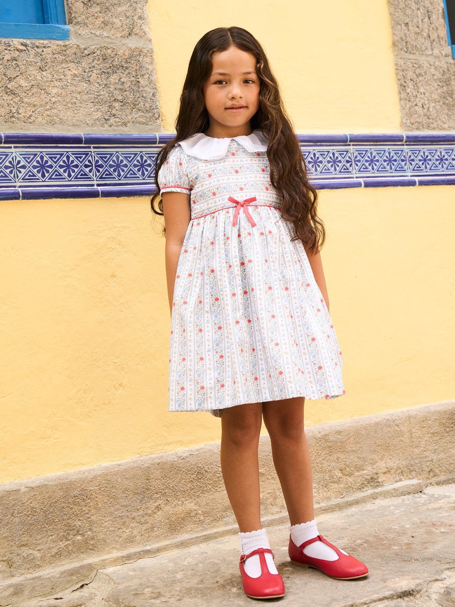 Classic Cotton Dress with Botanical Stripe Print & Lace Collar Girls