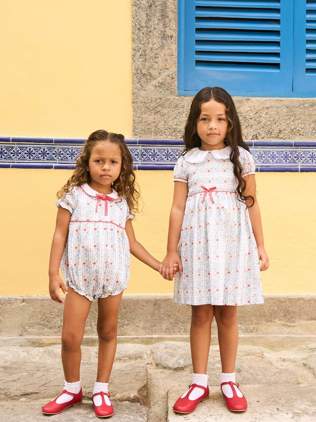 Classic Cotton Dress with Botanical Stripe Print & Lace Collar Girls