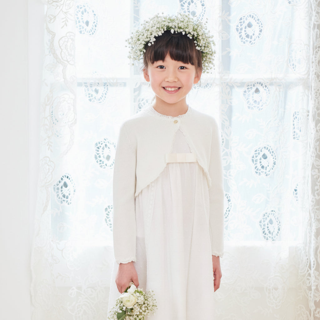 Fine-Knit Cashmere Cardigan with Frill Trim & Pearl Buttons Girls