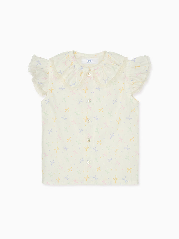 Chemise Classique en Coton Imprimé Nœud et Manches Papillon Fille