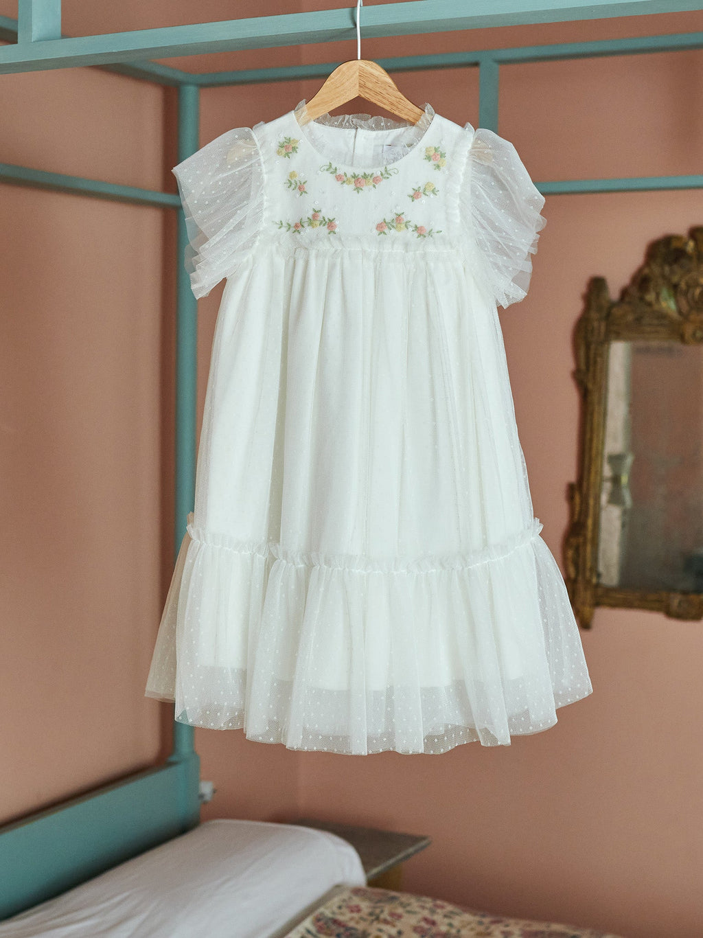 Shimmer Organza Dress with Tulle Butterfly Sleeves & Tiered Skirt Girls