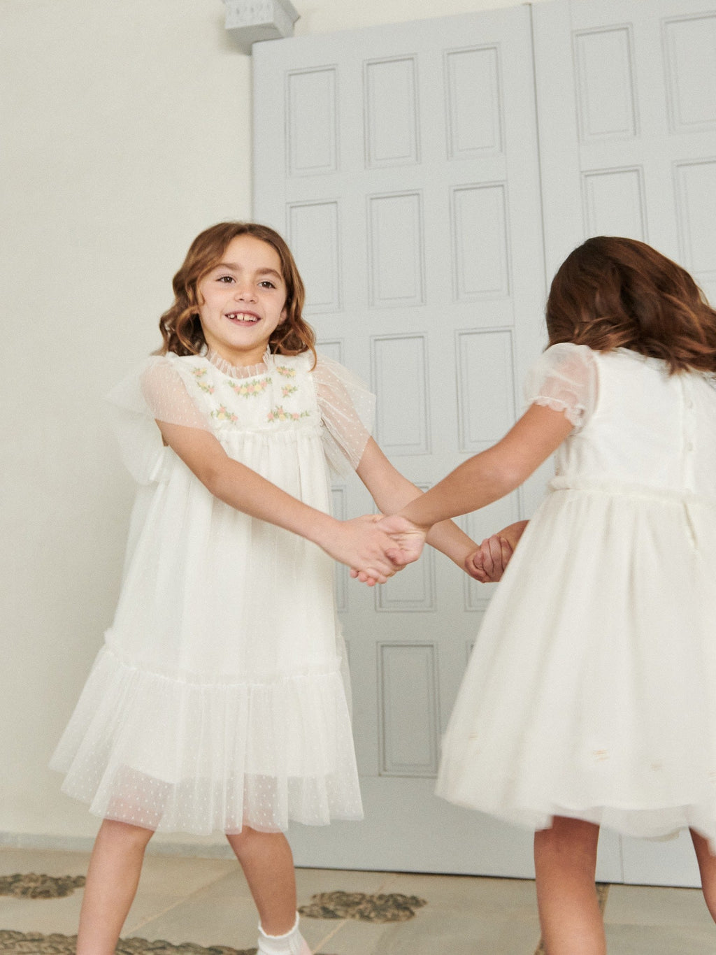 Shimmer Organza Dress with Tulle Butterfly Sleeves & Tiered Skirt Girls