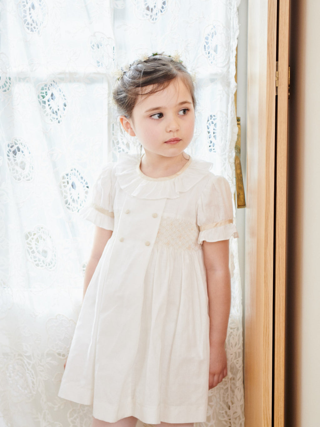 Classic Cotton Smocked Dress with Puff Sleeves & Frill Collar Girls
