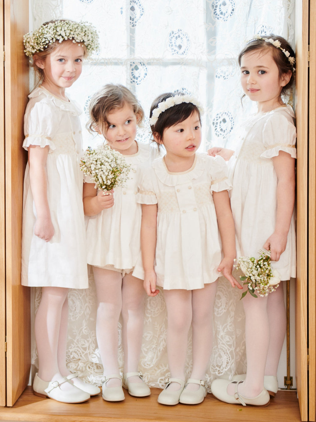 Classic Cotton Smocked Dress with Puff Sleeves & Frill Collar Girls