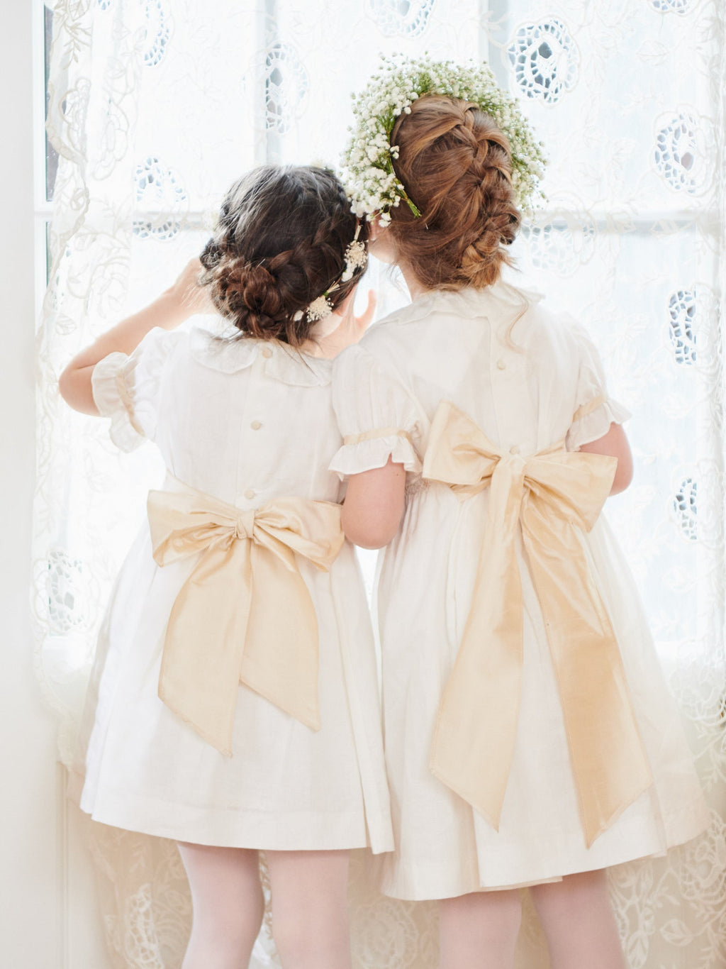 Classic Cotton Smocked Dress with Puff Sleeves & Frill Collar Girls