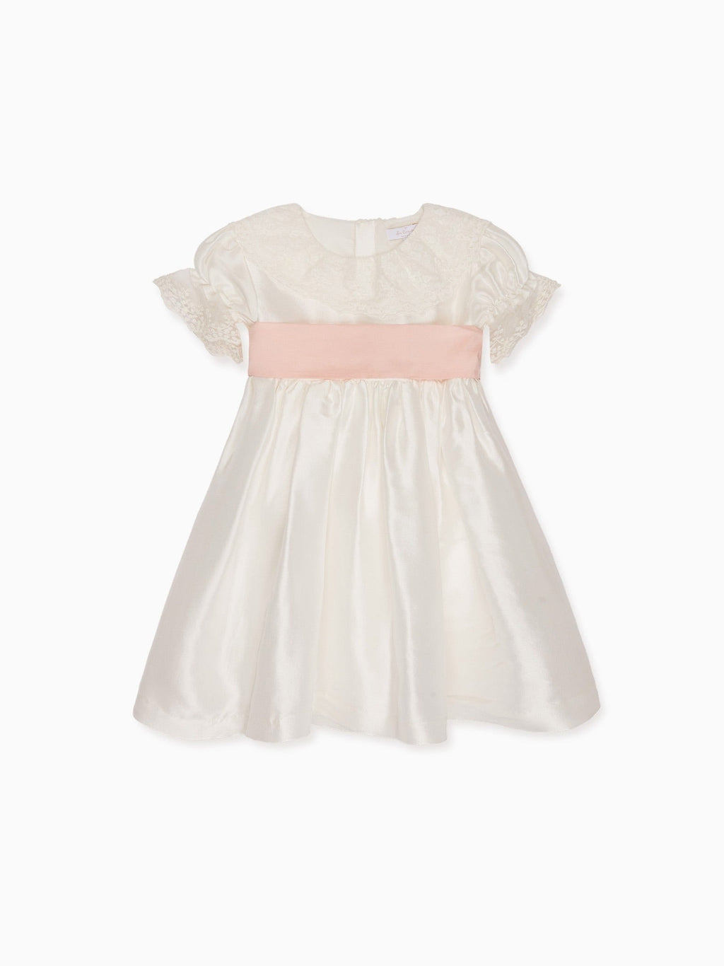 Luxury Raw Silk Dress with French Lace Sleeves & Blush Sash Bow Girls