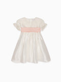 Luxury Raw Silk Dress with French Lace Sleeves & Blush Sash Bow Girls
